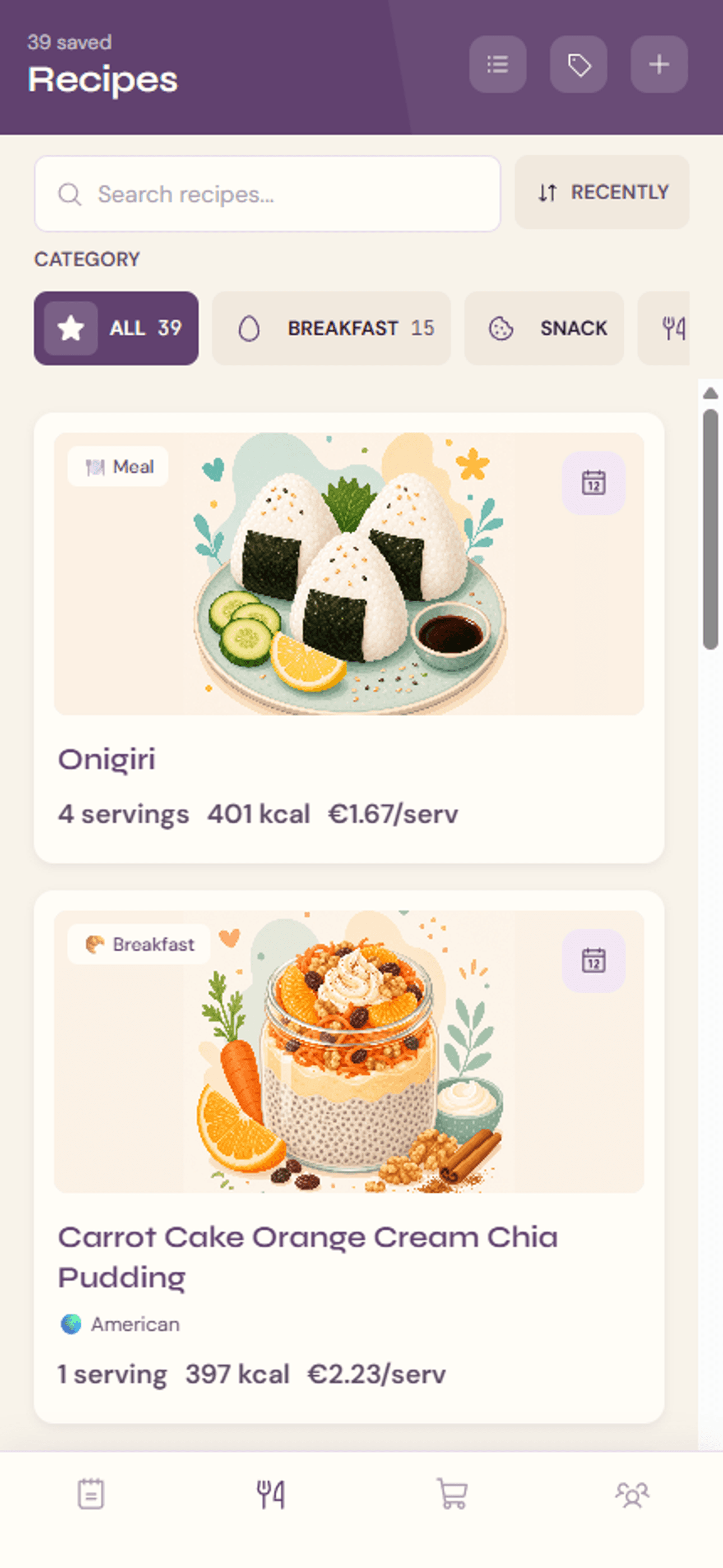 Blueberry recipes screen showing saved recipes with servings, kcal, and price per serving.