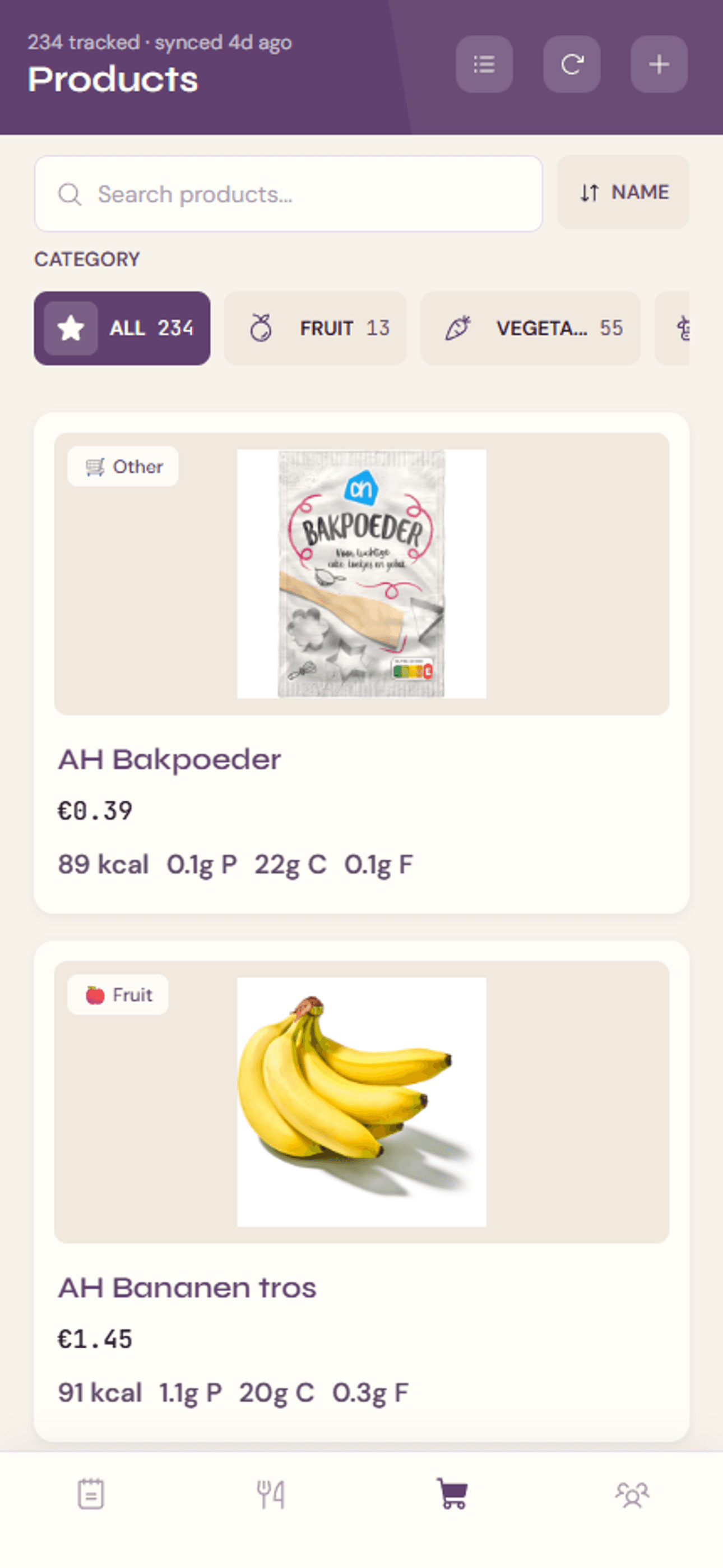 Blueberry products screen showing tracked grocery products with price and nutrition data.
