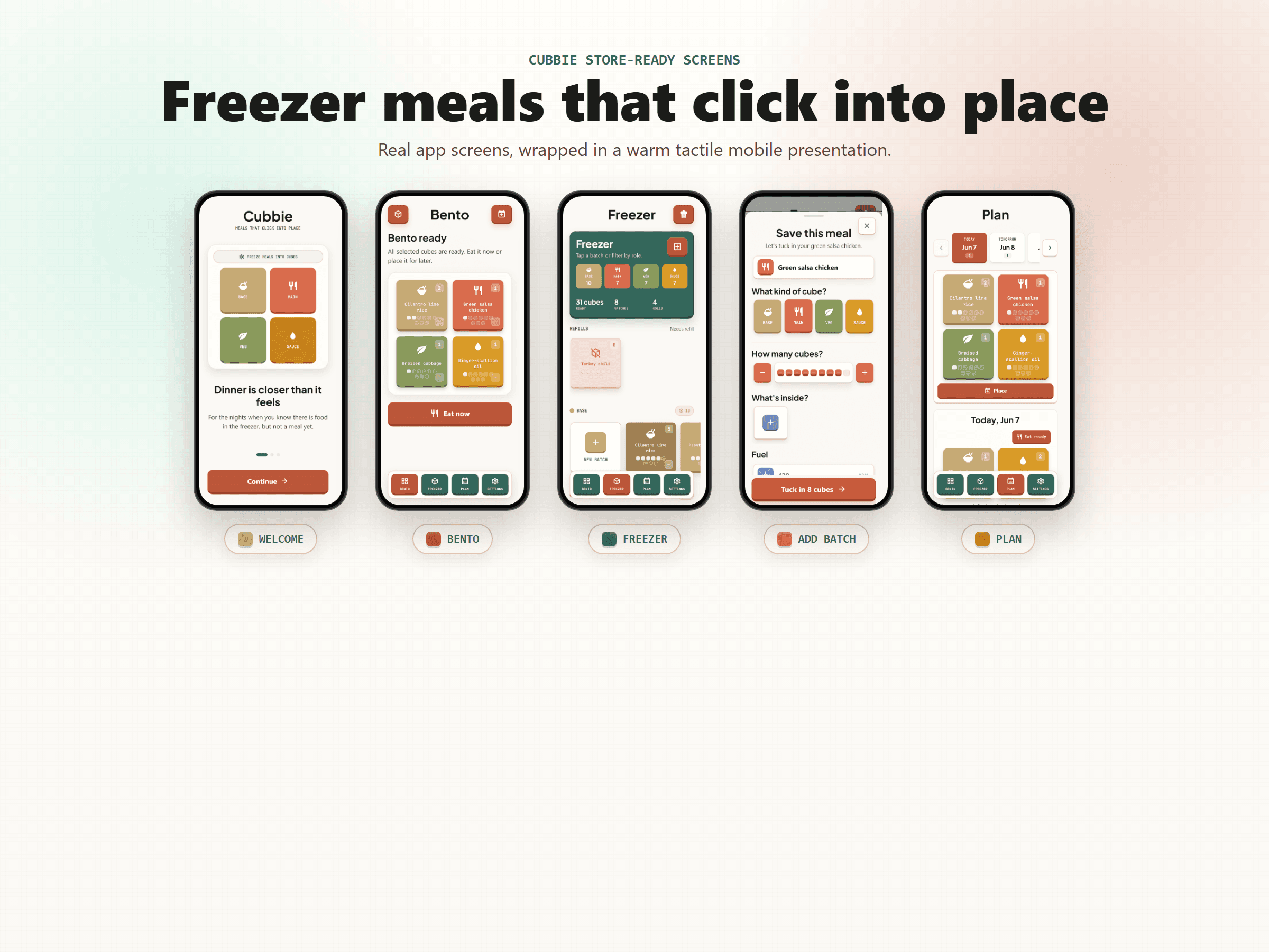 Cubbie store-ready mockup showing Welcome, Bento, Freezer, Add Batch, and Plan screens.
