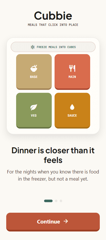Cubbie onboarding screen showing freezer meal cube roles and a Continue action.