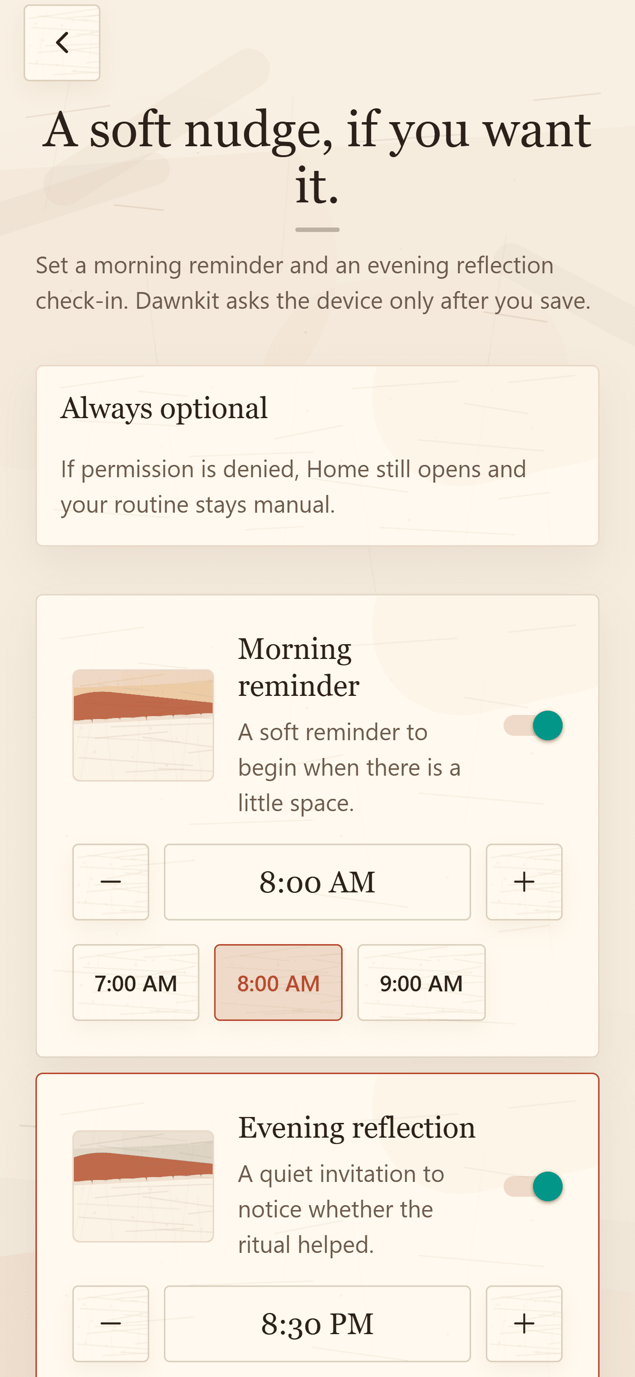 Dawnkit notification setup screen with morning reminder and evening reflection time controls.