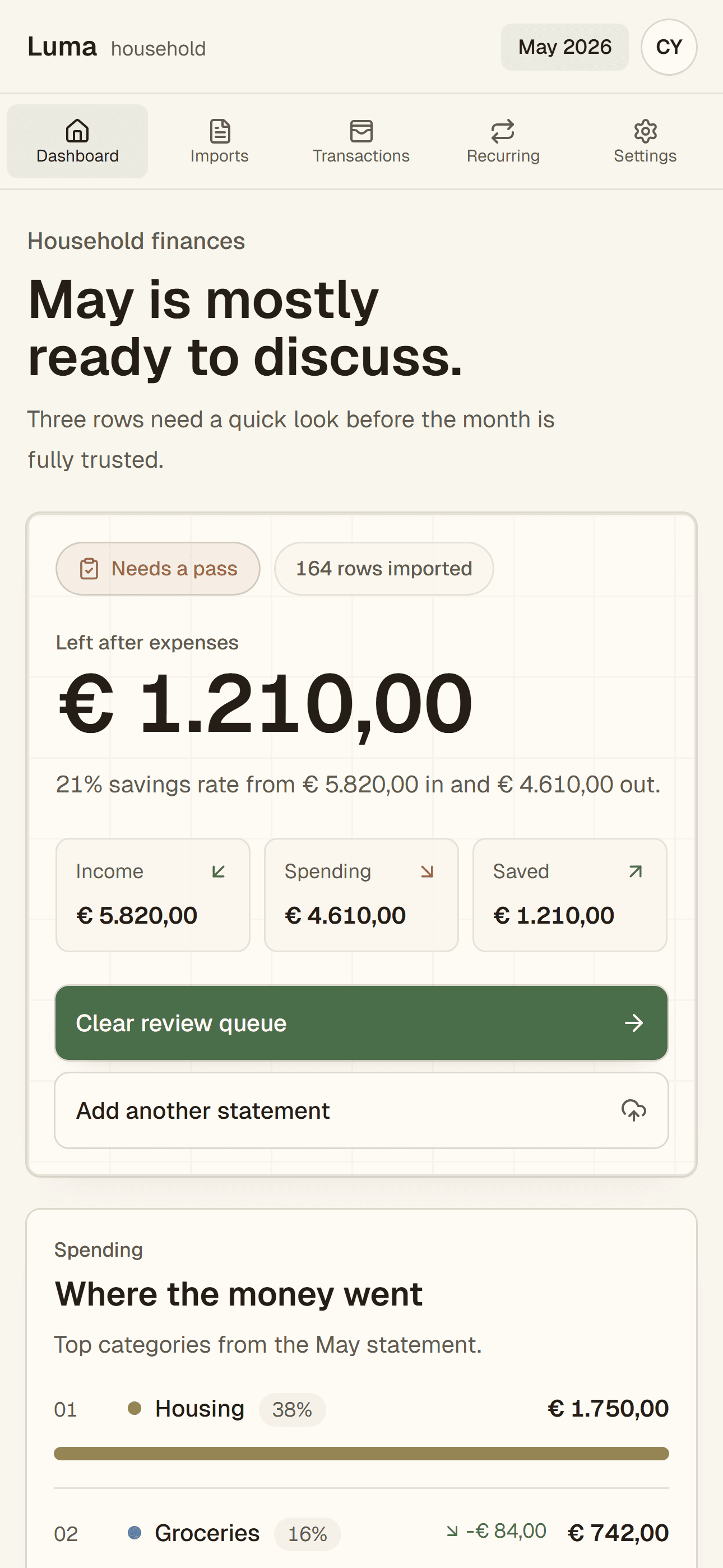 Luma dashboard showing imported rows, review queue, savings rate, and top spending categories.
