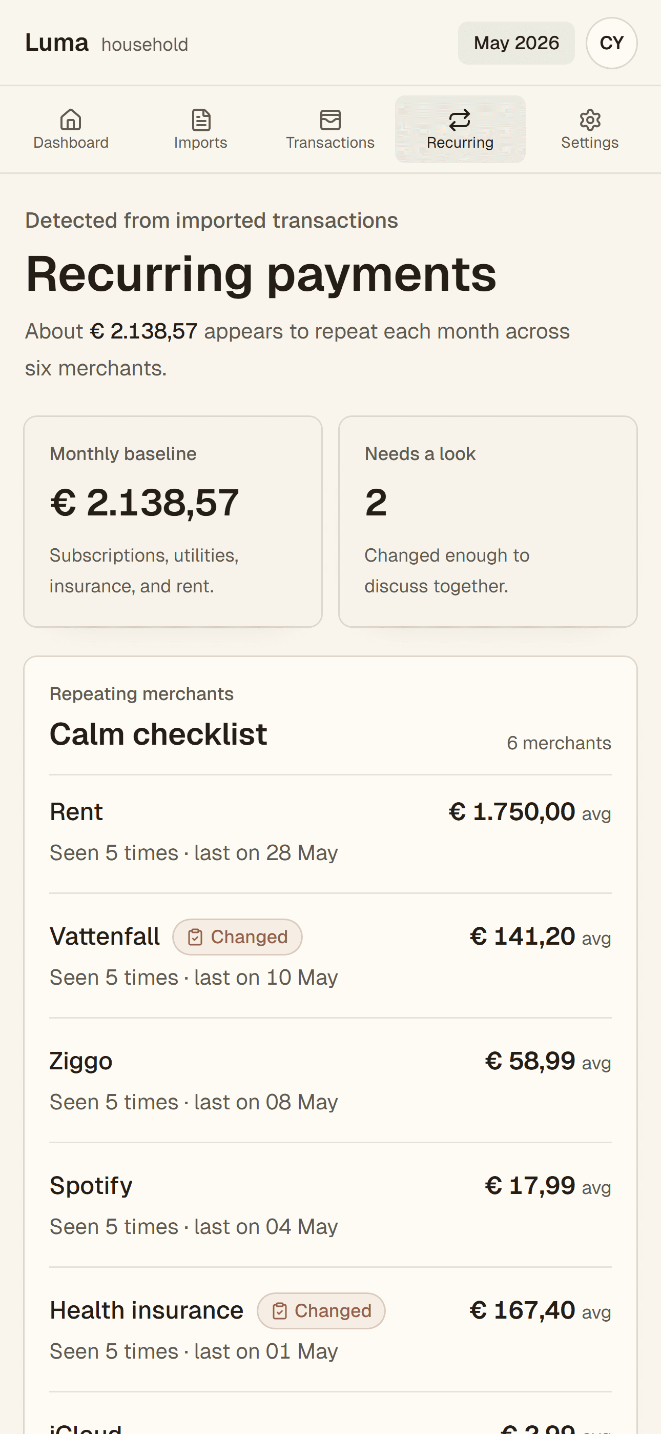 Luma recurring payments screen showing monthly baseline, changed merchants, and repeating payments.