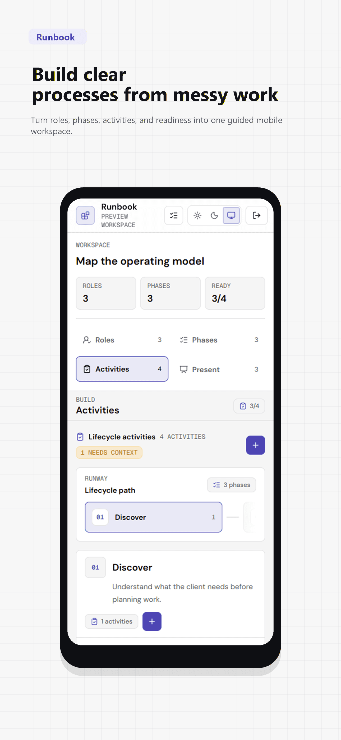 Runbook App Store screenshot for building clear processes from messy work.