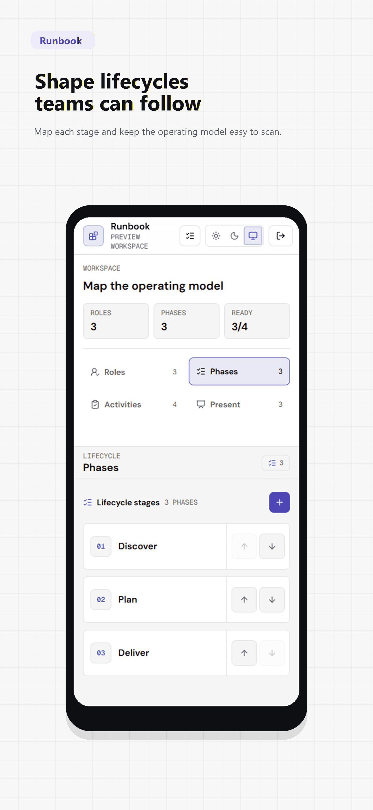 Runbook App Store screenshot for shaping lifecycle phases teams can follow.